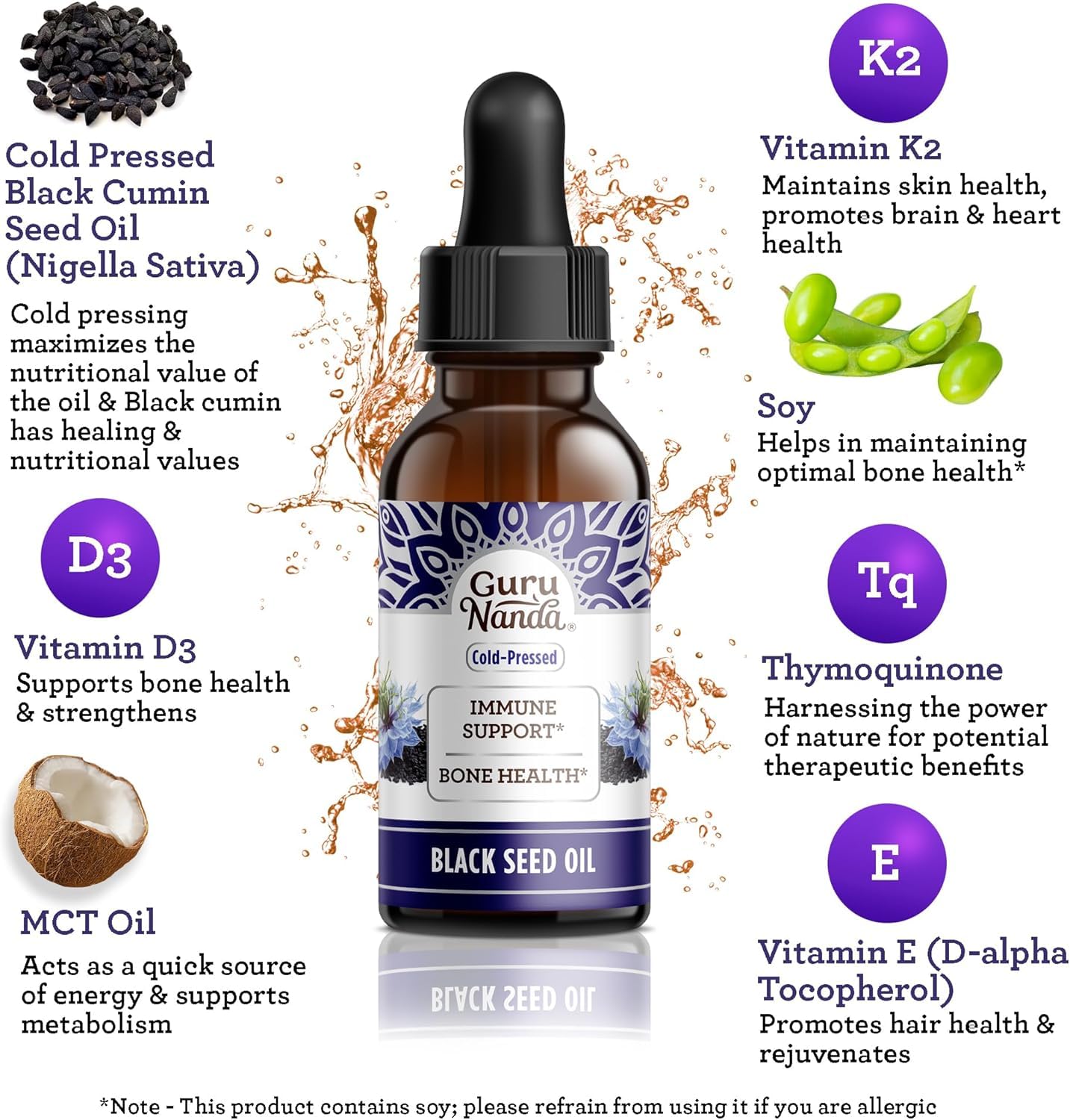 GuruNanda black seed oil with vitamin D3 K2 and E supplement facts label close up
