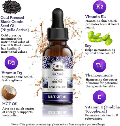 GuruNanda black seed oil with vitamin D3 K2 and E supplement facts label close up