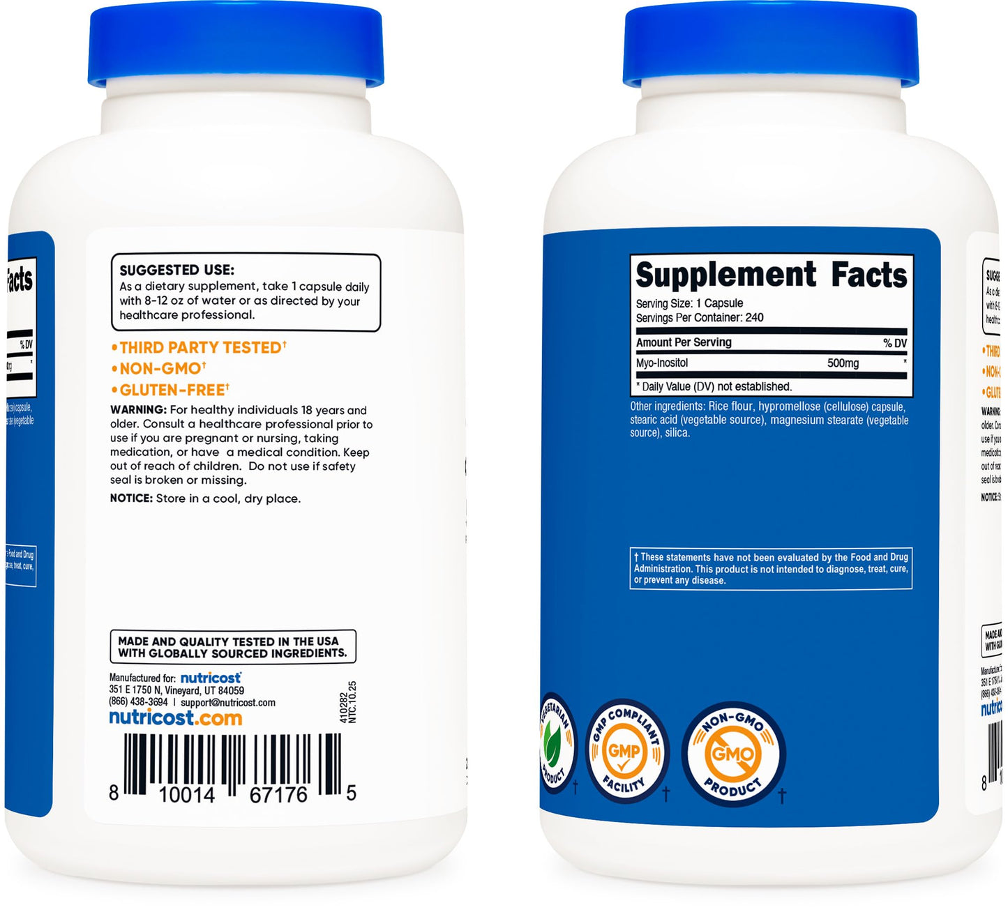 Nutricost Inositol bottle showcasing Non-GMO and Gluten-Free certification