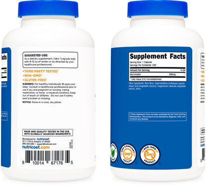 Nutricost Inositol bottle showcasing Non-GMO and Gluten-Free certification