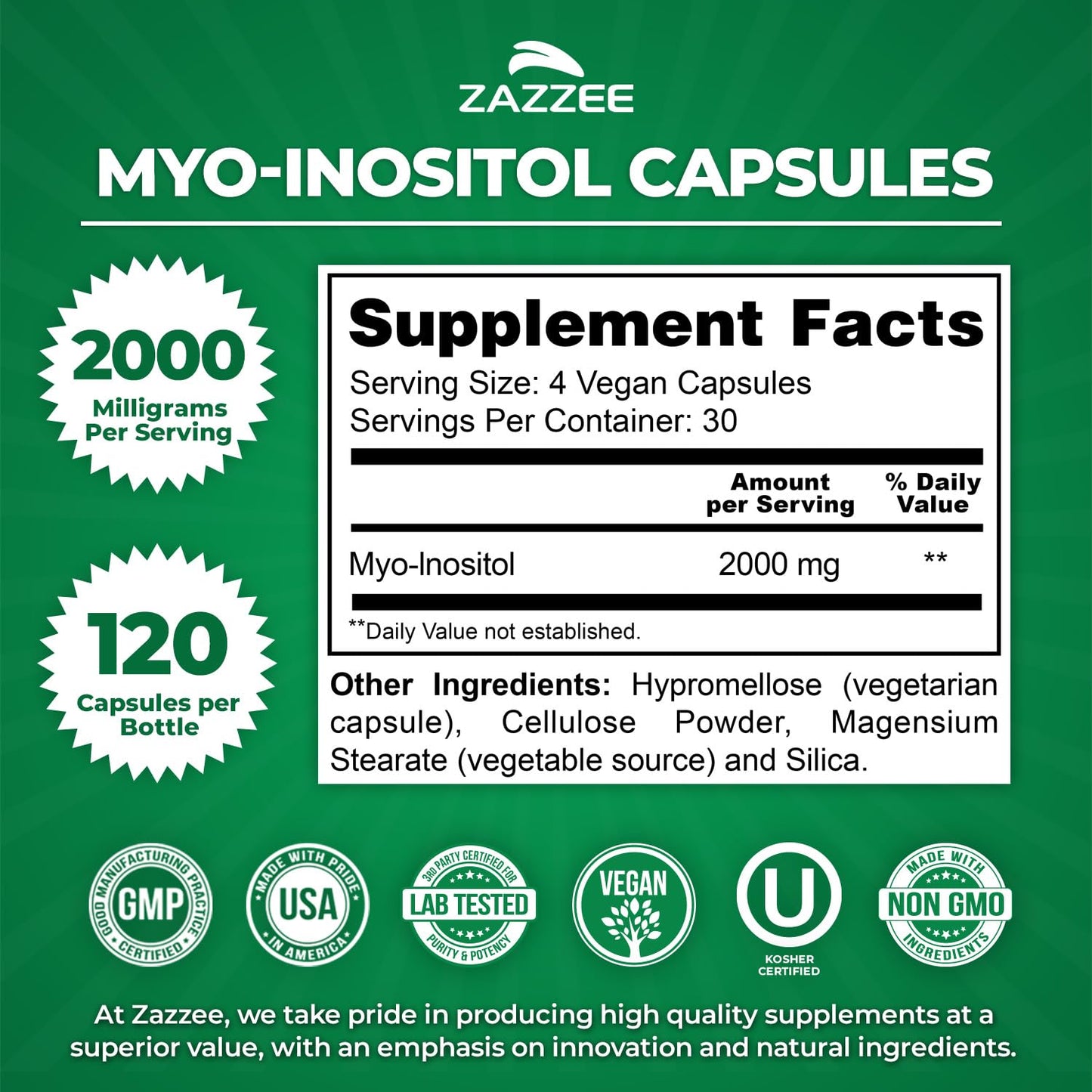 Zazzee Myo Inositol capsule supplement facts panel