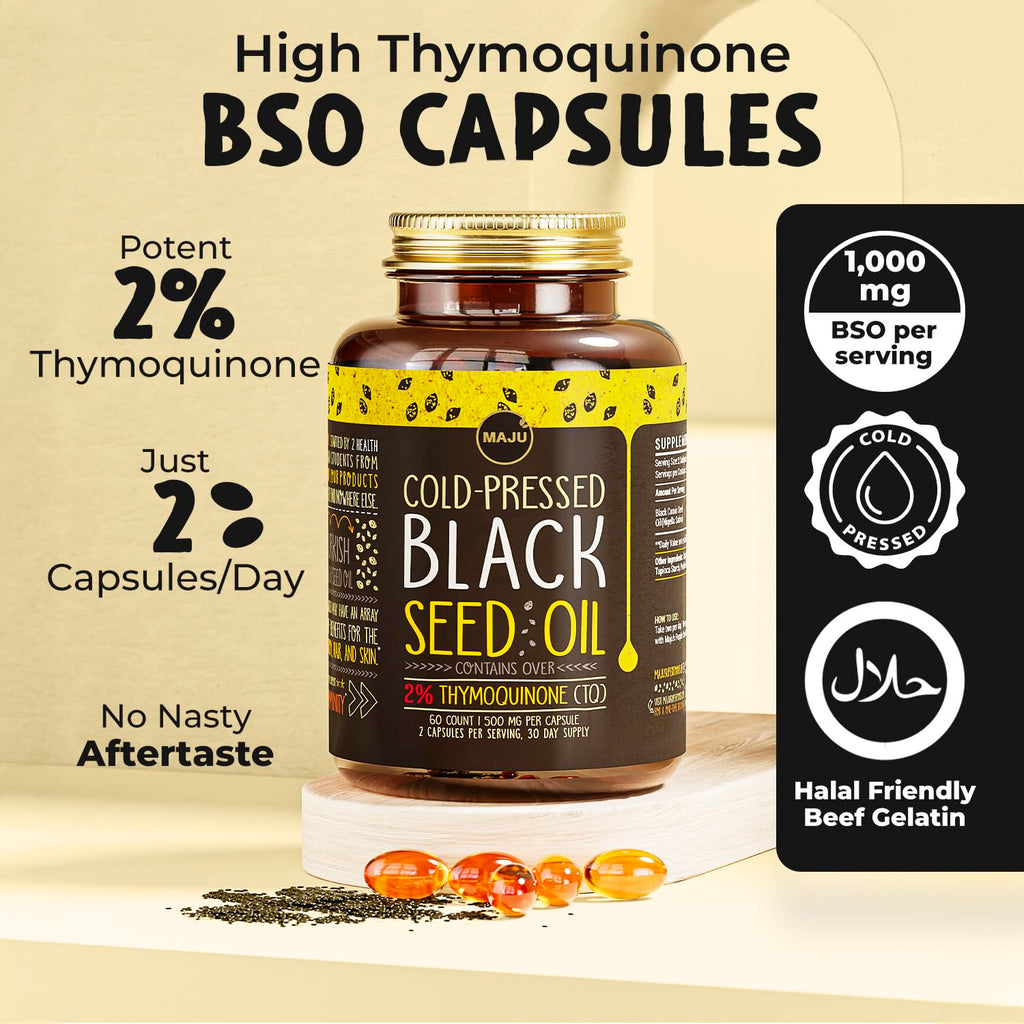 Maju Superfoods black cumin seed oil softgels closeup view