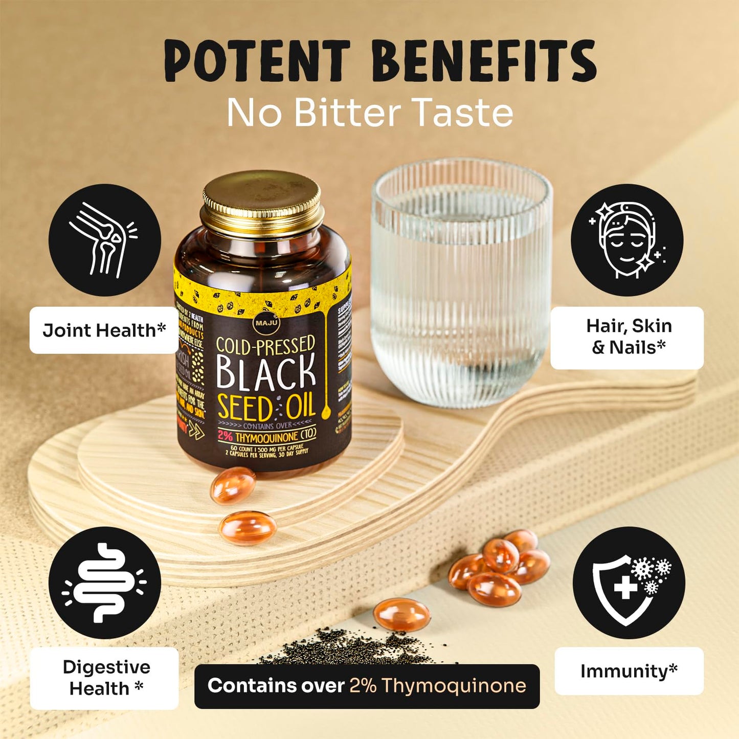 Maju Superfoods non GMO third party lab tested black seed capsules for healthy skin and hair