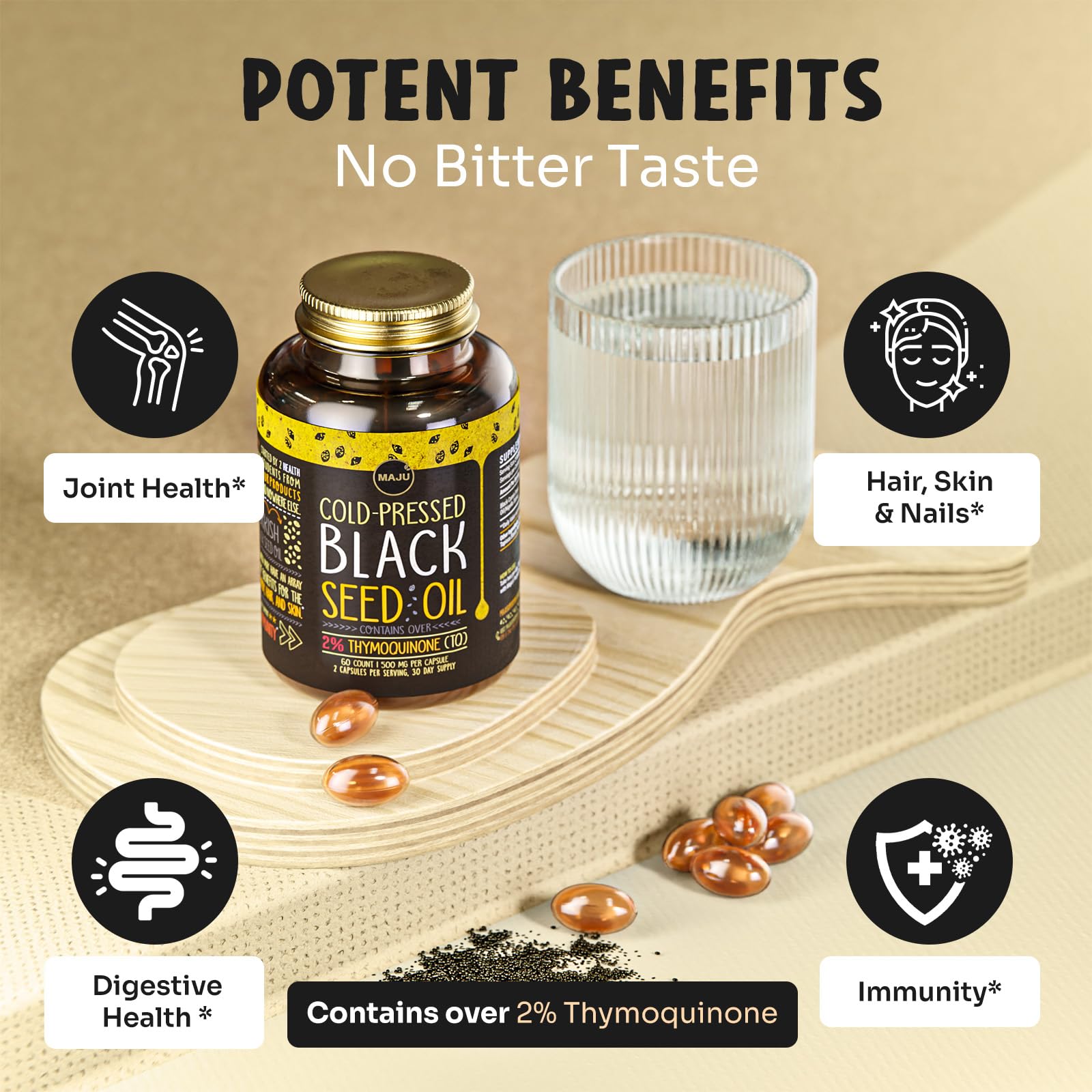 Maju Superfoods non GMO third party lab tested black seed capsules for healthy skin and hair