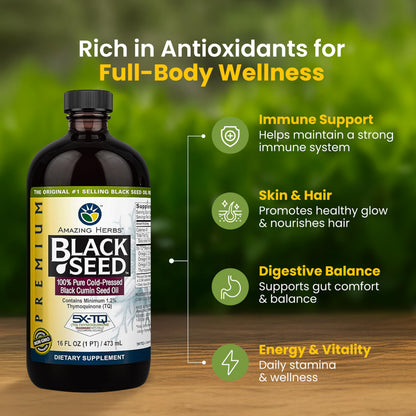 Premium 100 percent pure black cumin seed oil bottle displaying non GMO and gluten free certifications