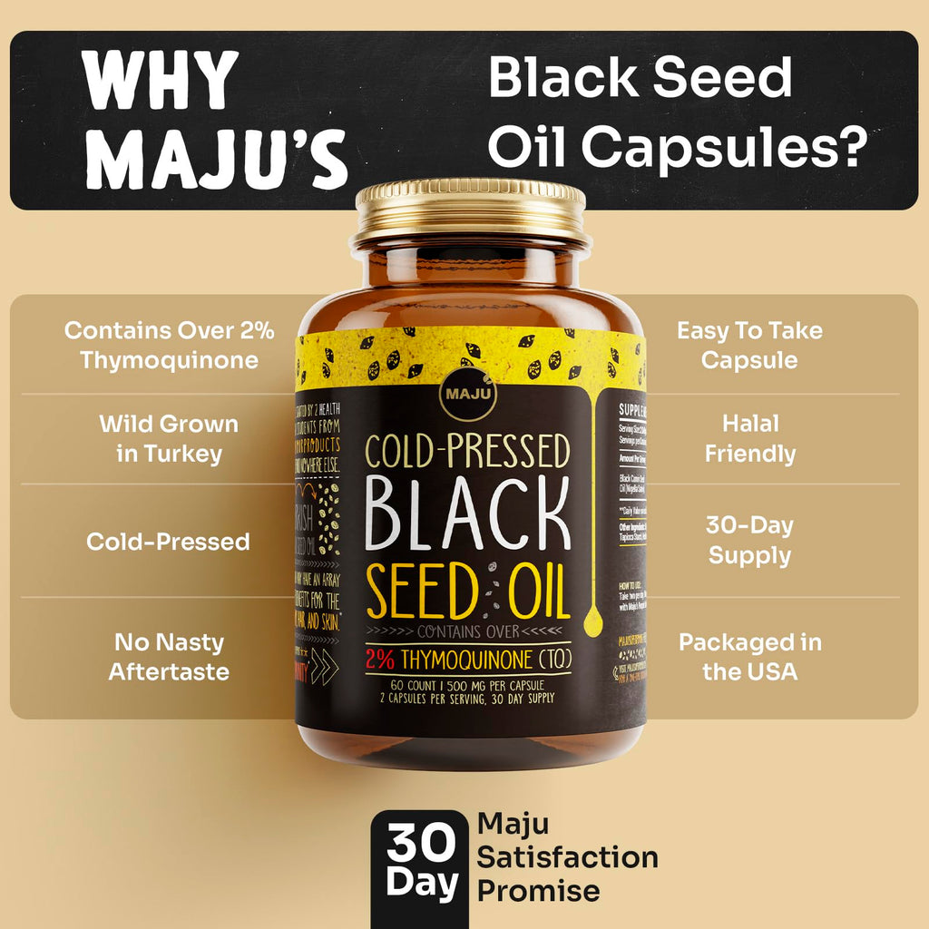 Maju Superfoods pure Nigella sativa oil capsules in container