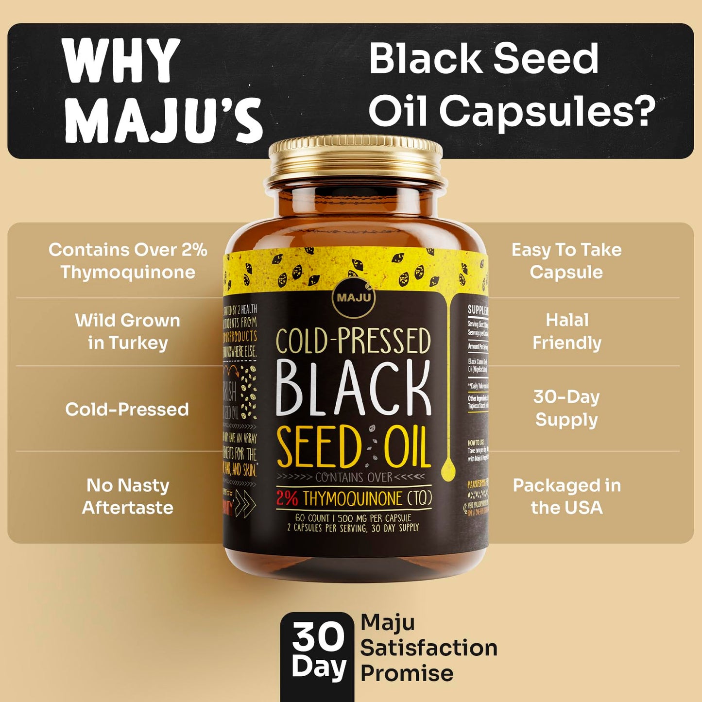 Maju Superfoods certified paleo and halal friendly black seed oil dietary supplement for adults