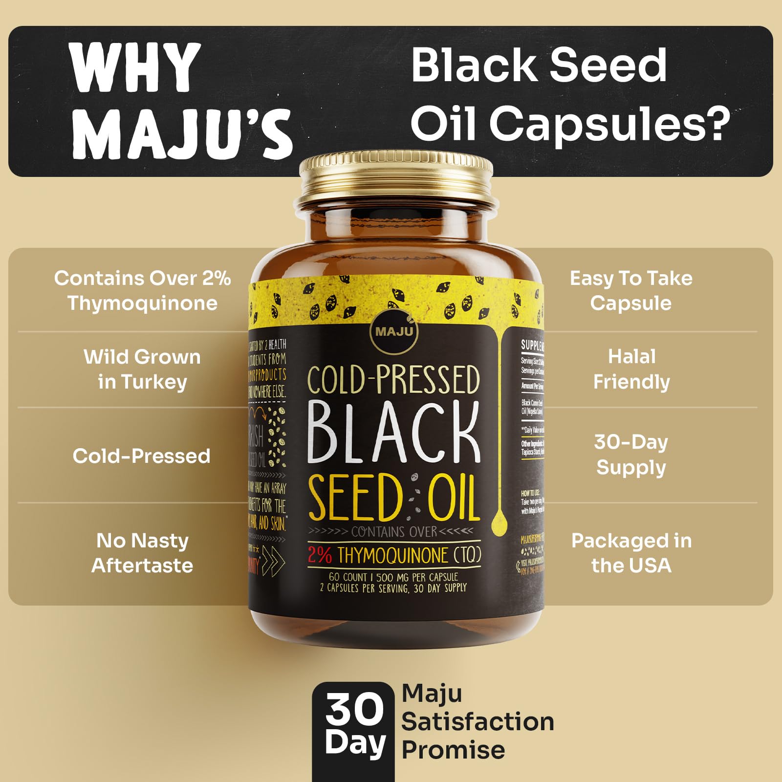 Maju Superfoods certified paleo and halal friendly black seed oil dietary supplement for adults