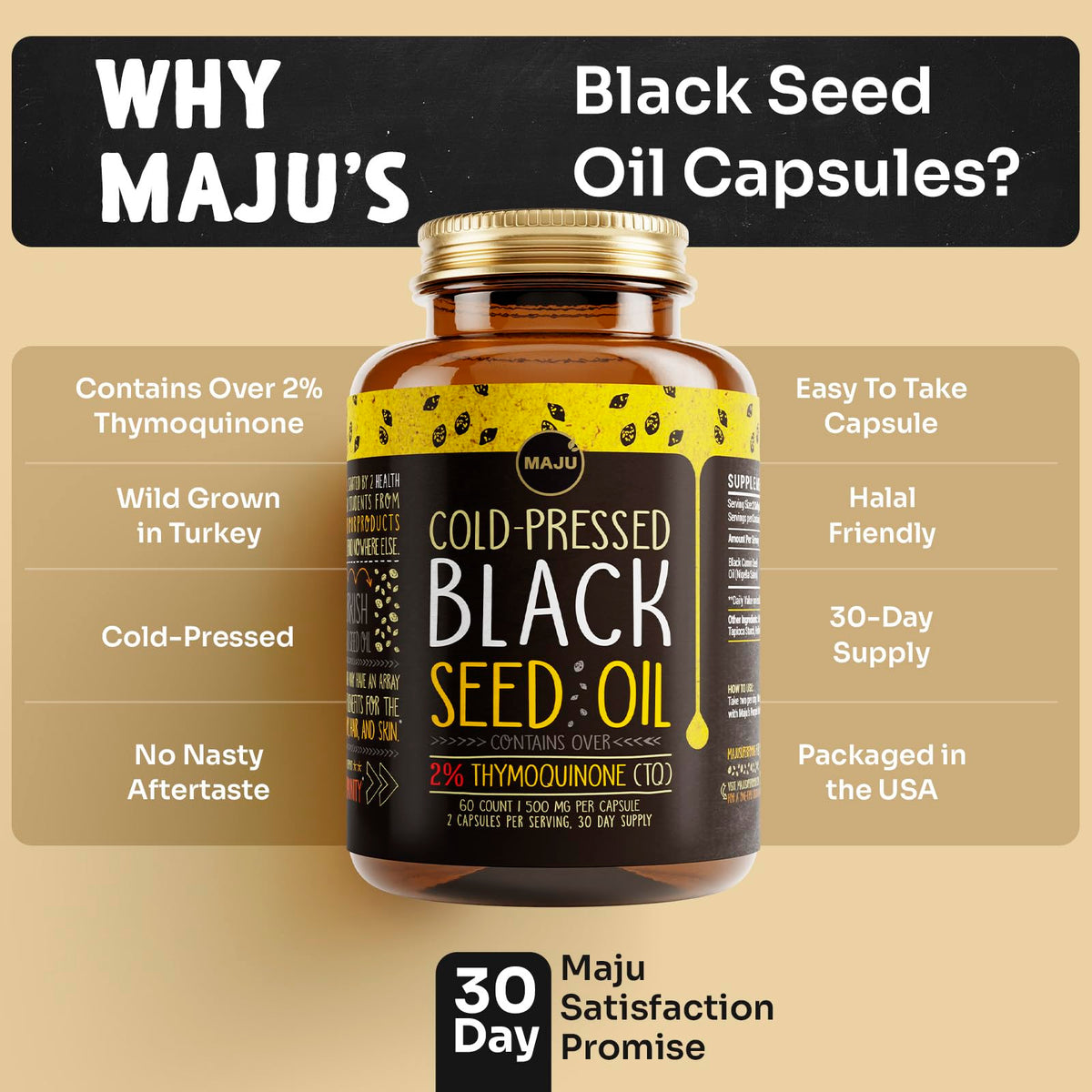 Maju Superfoods pure Nigella sativa oil capsules in container