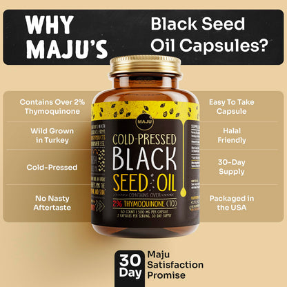 Maju Superfoods certified paleo and halal friendly black seed oil dietary supplement for adults