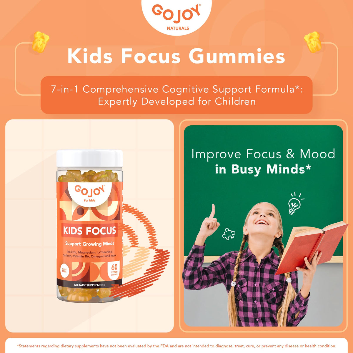 Gojoy Naturals Kids Focus Gummies 7-in-1 supplement facts label