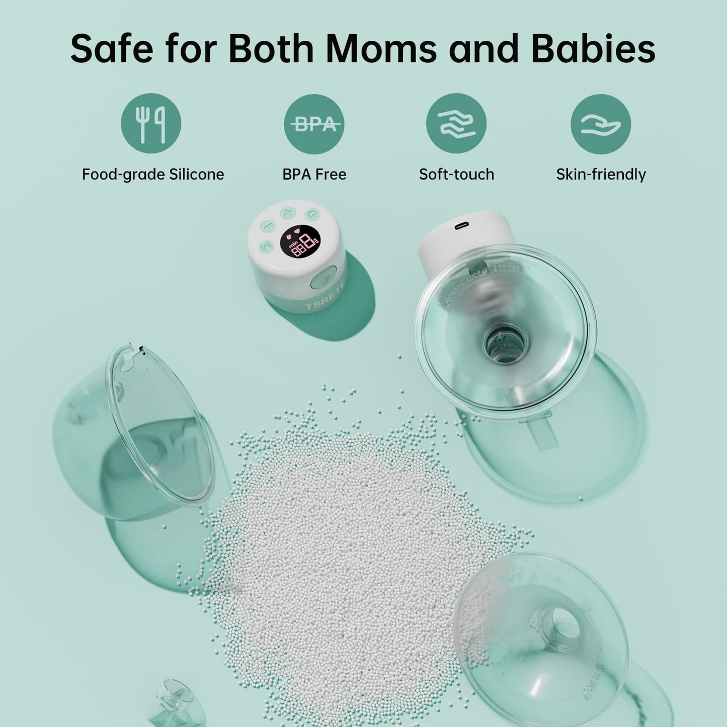 Tsrete breast pump showing battery and charging port