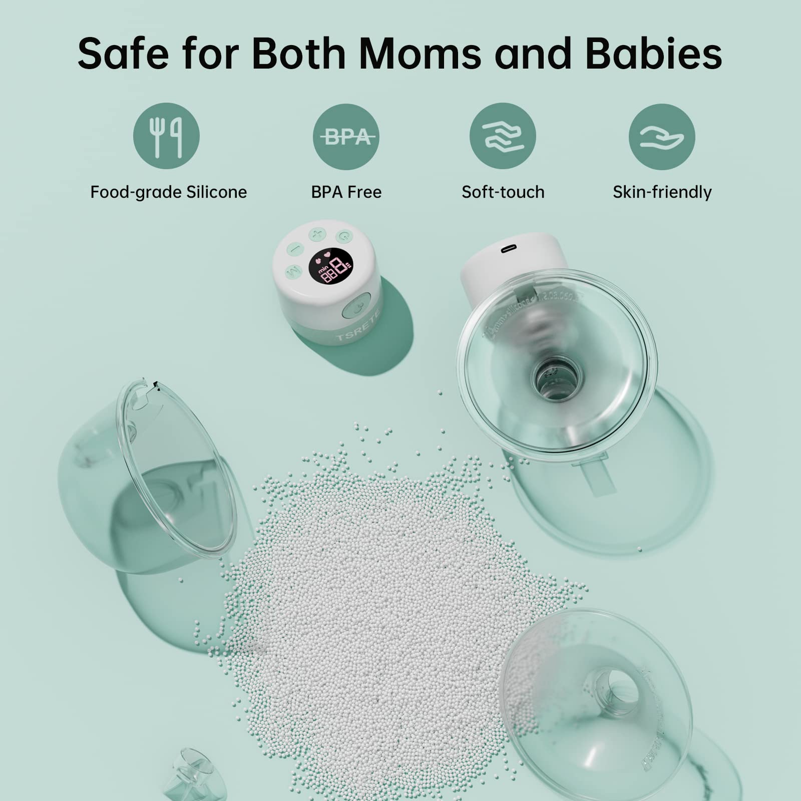 Tsrete breast pump showing battery and charging port