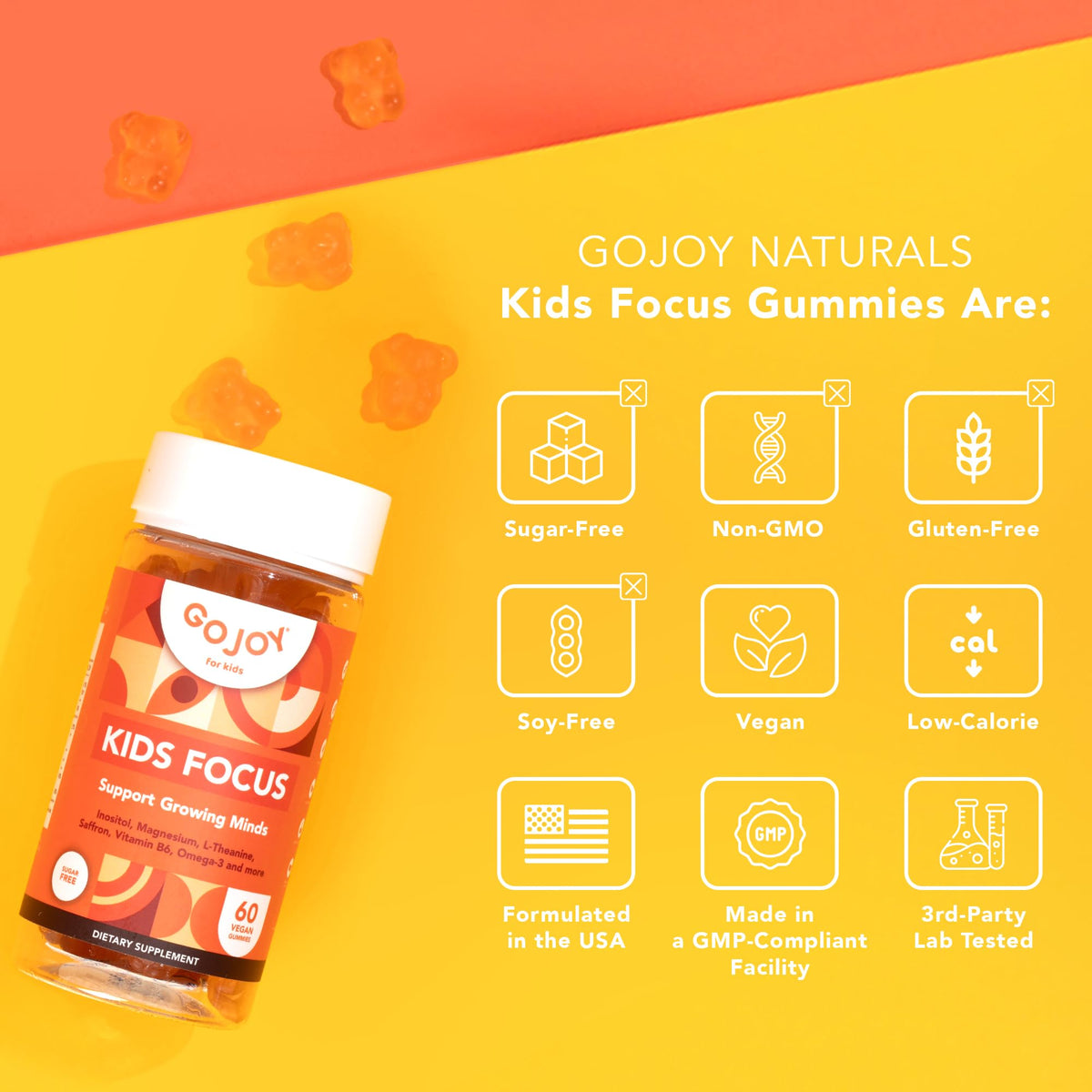 Lifestyle shot of Gojoy Naturals gummies for kids focus