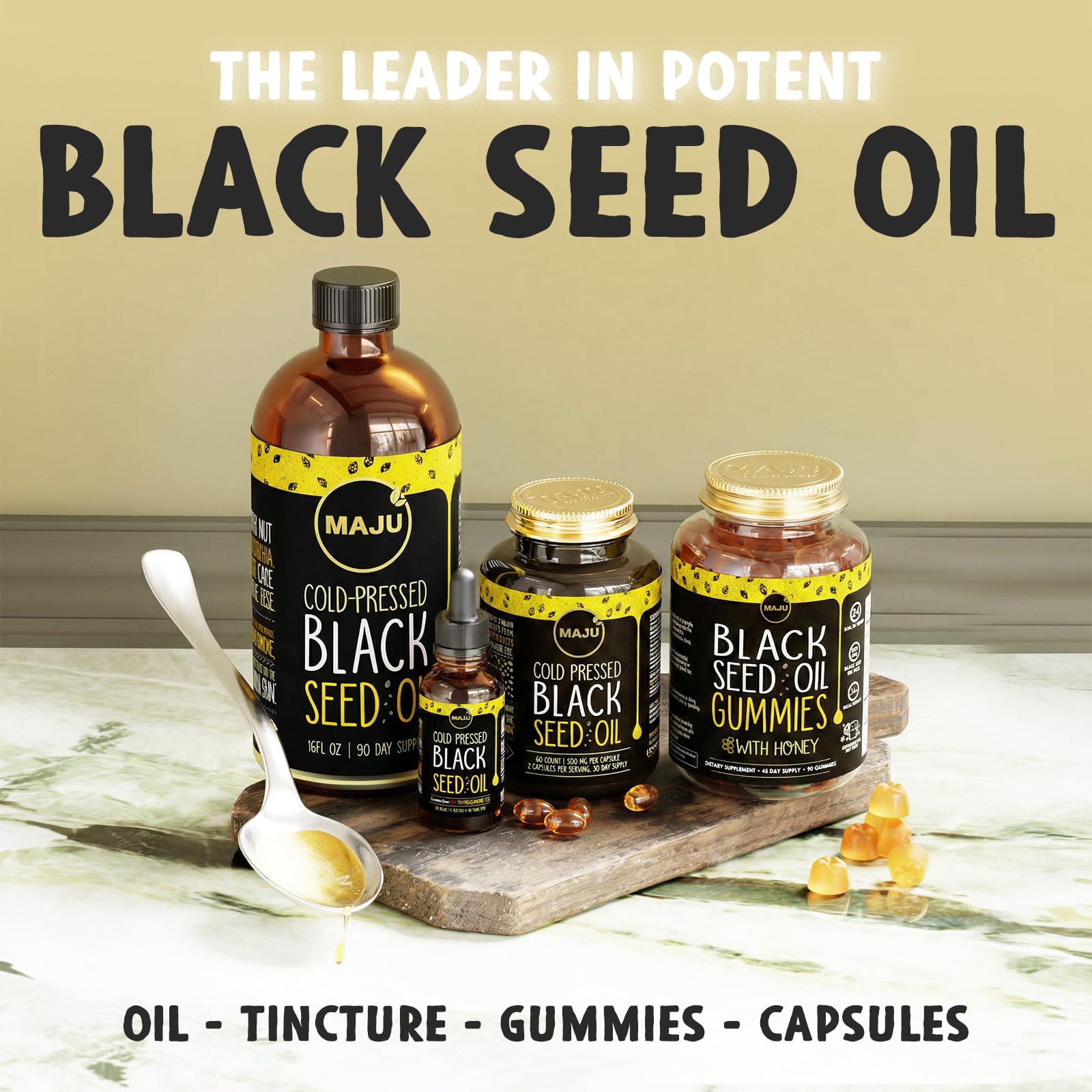 Maju Superfoods Turkish black cumin seed oil packaging showing thymoquinone potency