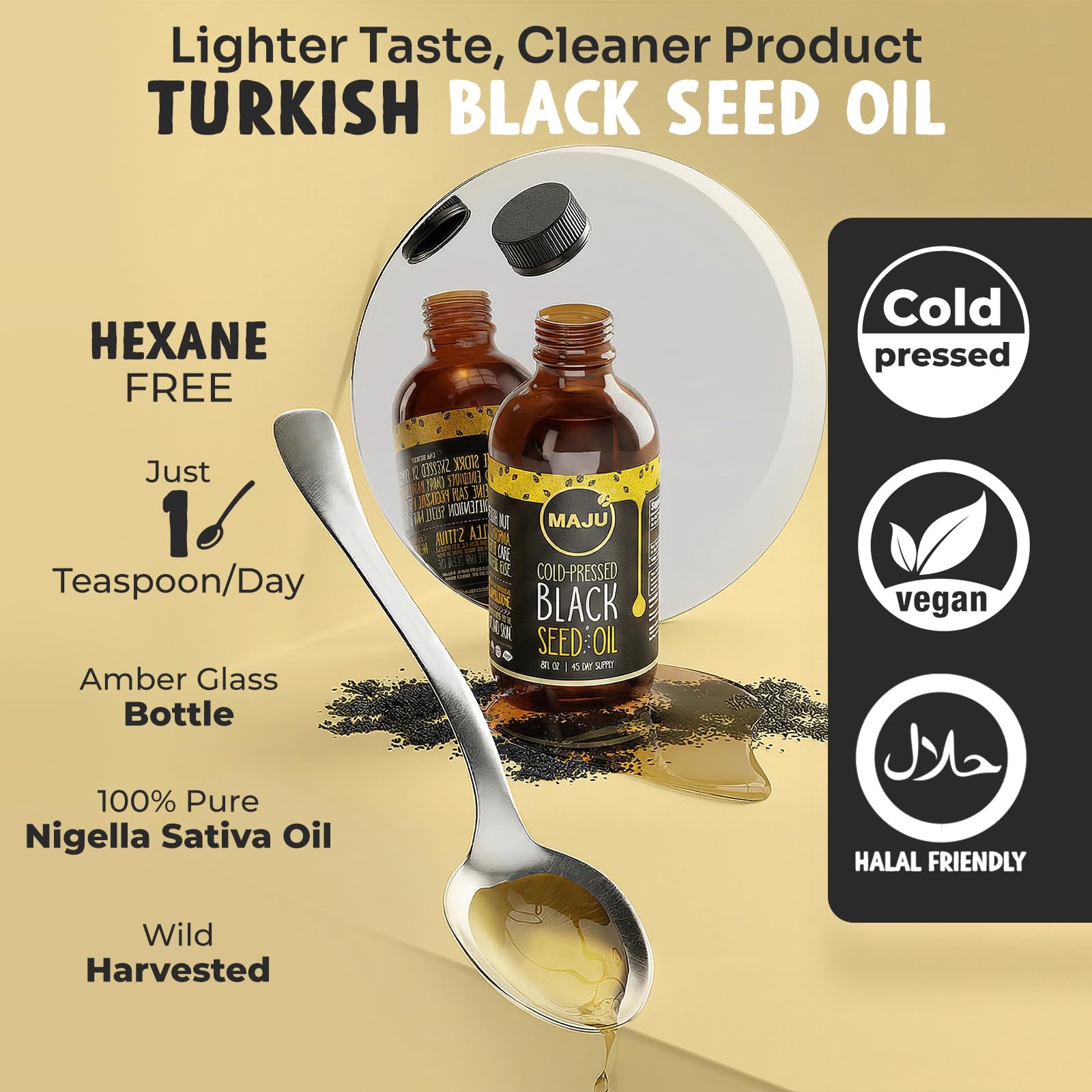 Maju Superfoods Kalonji oil glass bottle nutritional facts and serving size