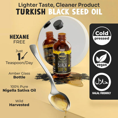 Maju Superfoods Kalonji oil glass bottle nutritional facts and serving size