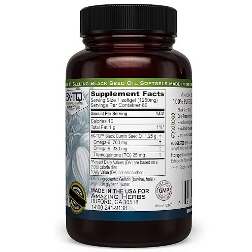 Amazing Herbs Premium Black Seed Oil 1250mg dietary supplement capsule bottle label facts