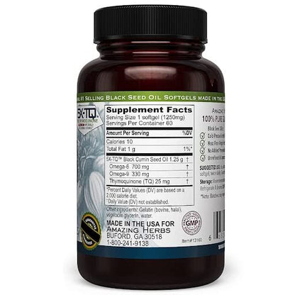 Amazing Herbs Premium Black Seed Oil 1250mg dietary supplement capsule bottle label facts