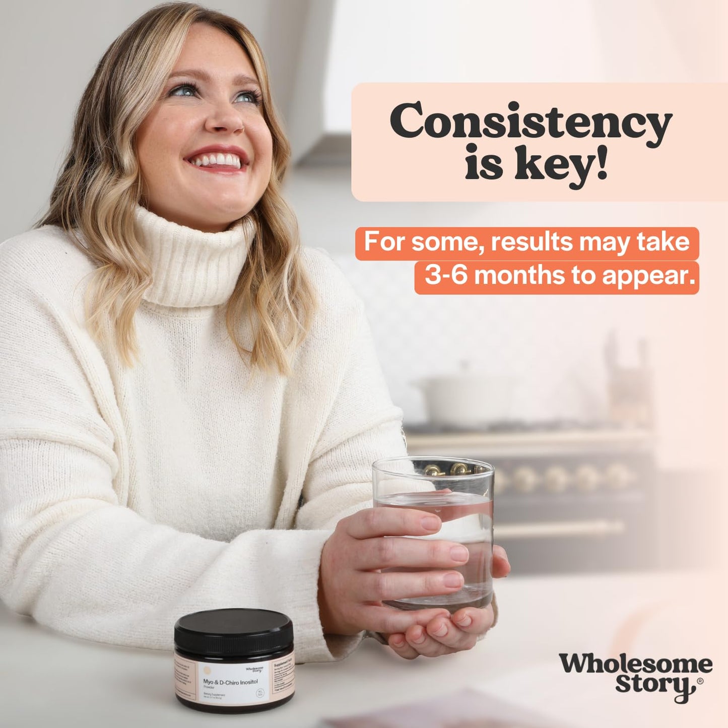 Wholesome Story inositol powder serving scoop and container