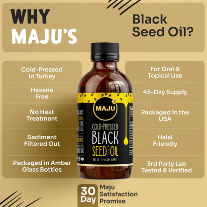Maju Superfoods high thymoquinone Turkish seed extract bottle close up