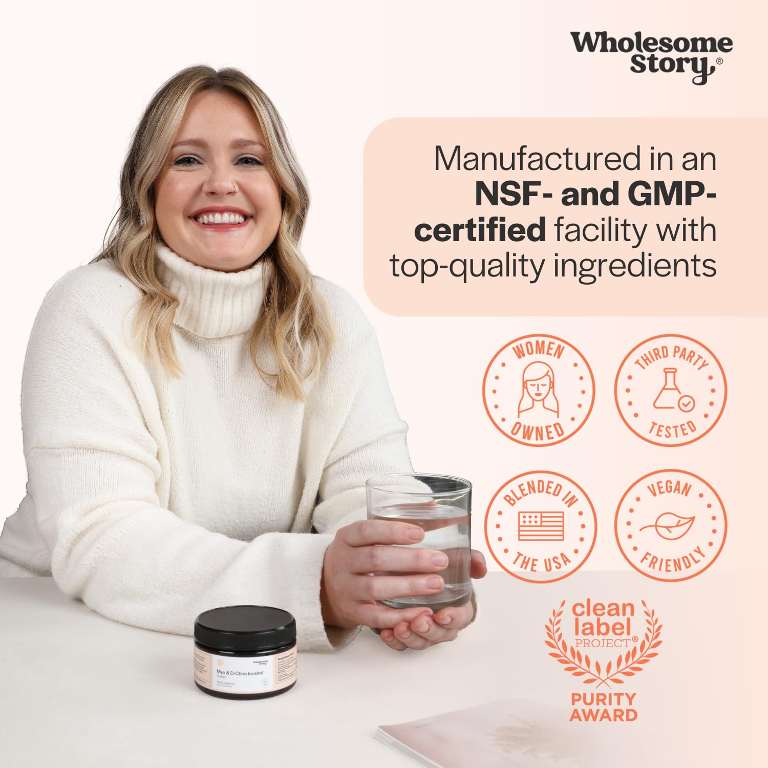 Nutritional information on Wholesome Story inositol supplement bottle