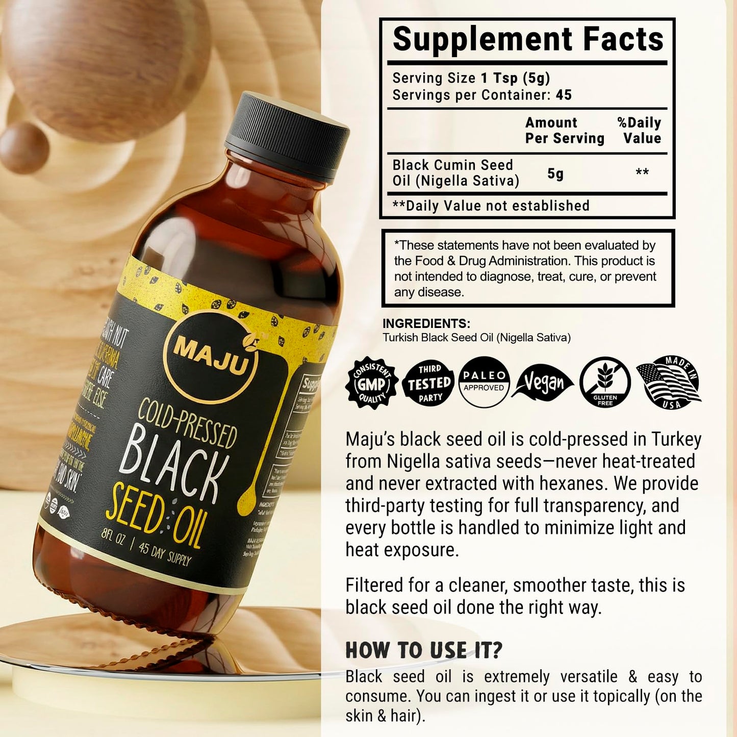Maju Superfoods premium imported glass bottle eight fluid ounce liquid oil