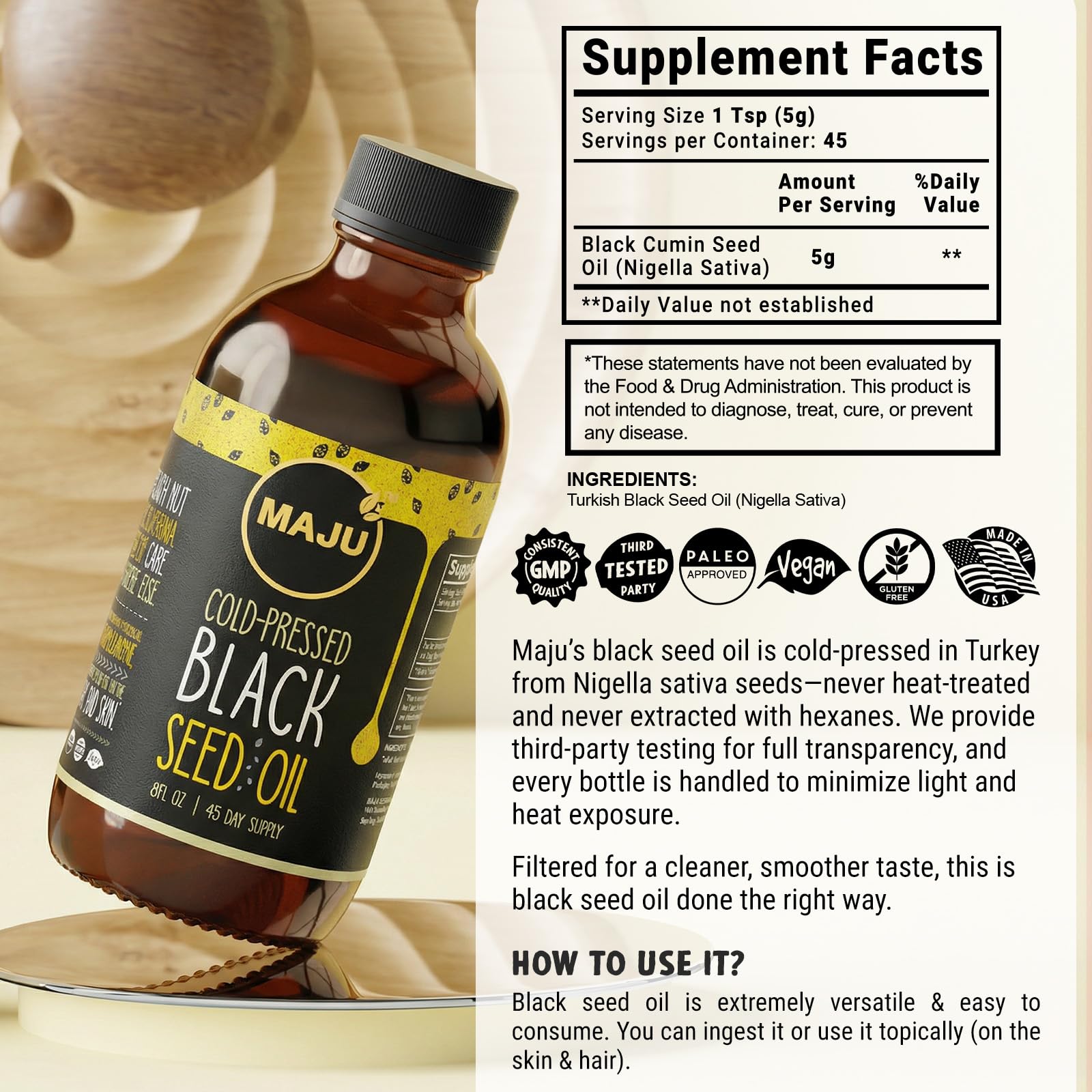 Maju Superfoods premium imported glass bottle eight fluid ounce liquid oil