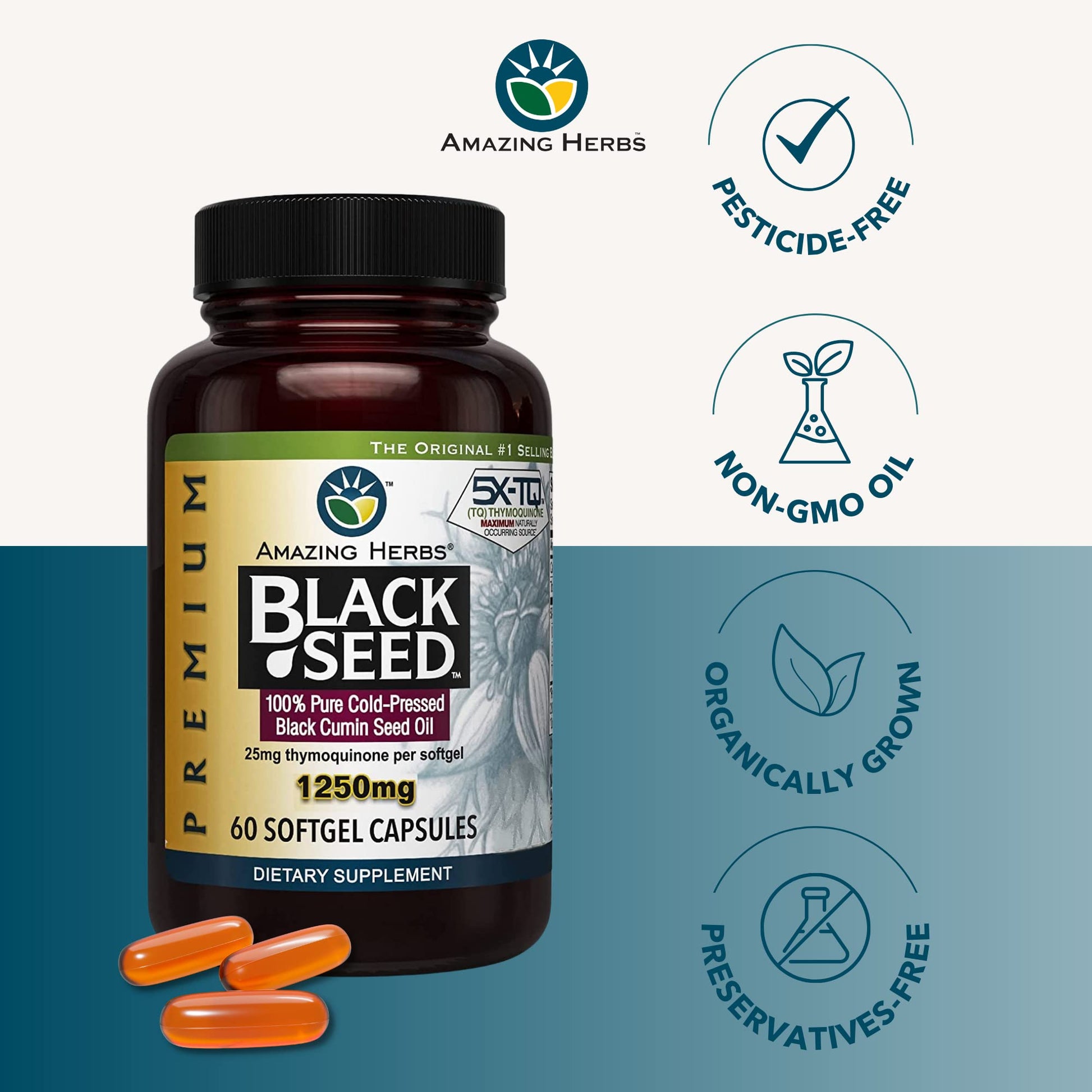 Pure cold pressed Kalonji oil capsules by Amazing Herbs showing 60 count bottle