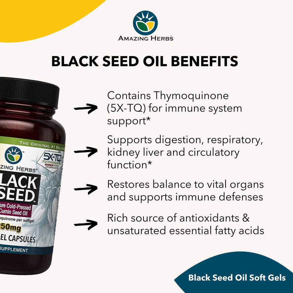 Amazing Herbs black seed oil softgels arranged for display