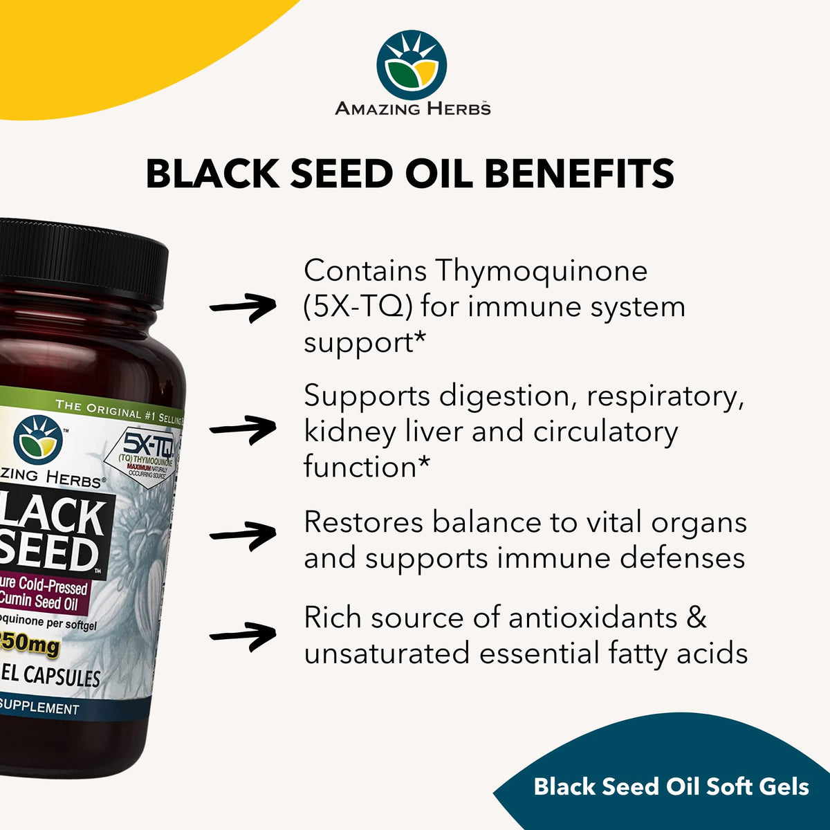Amazing Herbs black seed oil softgels arranged for display