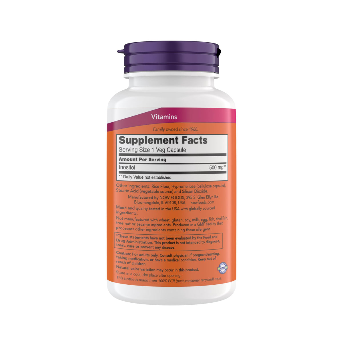 Now Foods Inositol 200 capsules supplement label details
