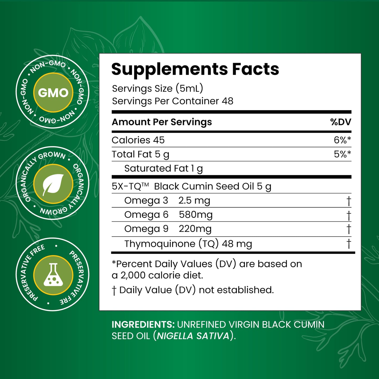 Side angle of Amazing Herbs Black Cumin Seed Oil bottle displaying the supplement facts panel and nutritional information.