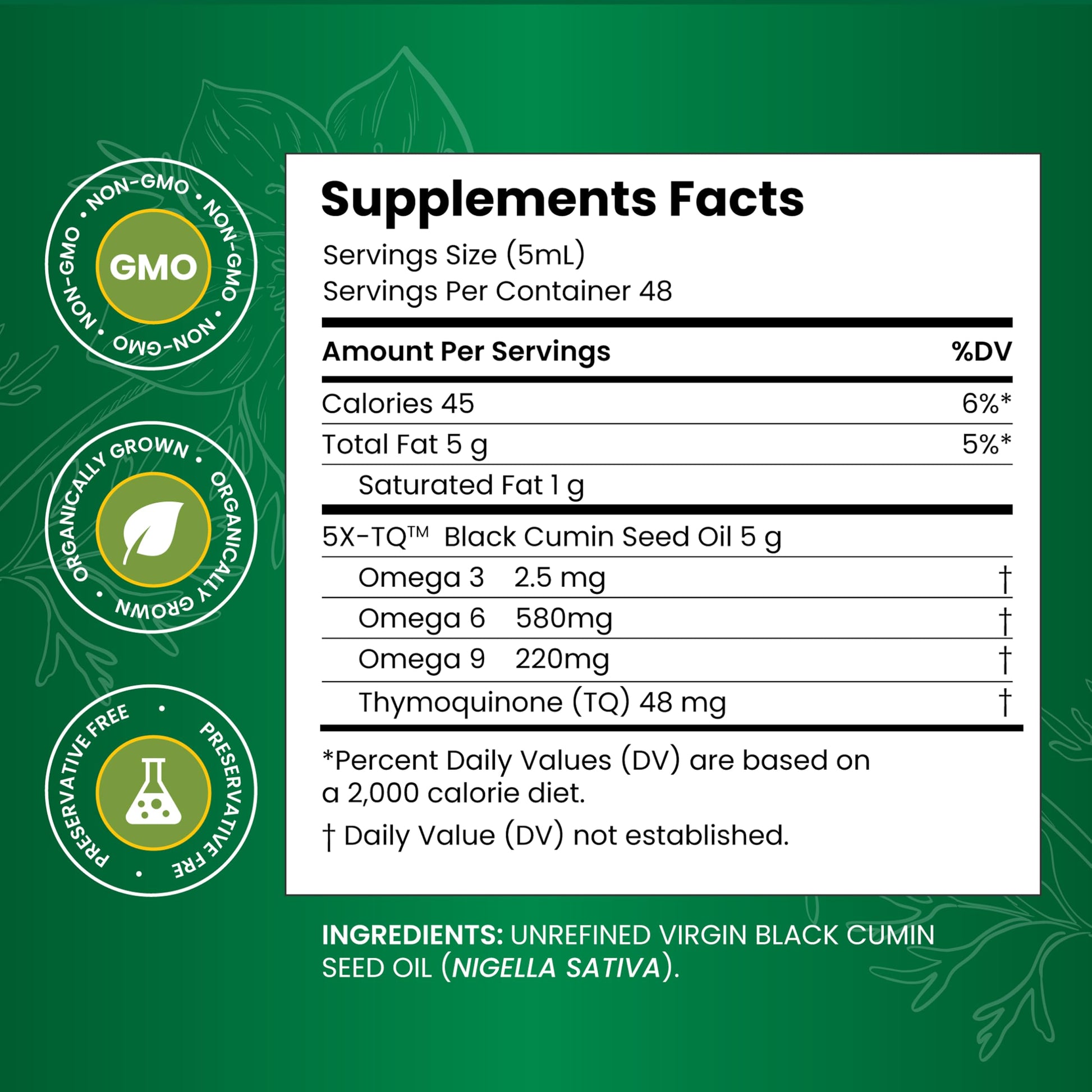 Side angle of Amazing Herbs Black Cumin Seed Oil bottle displaying the supplement facts panel and nutritional information.