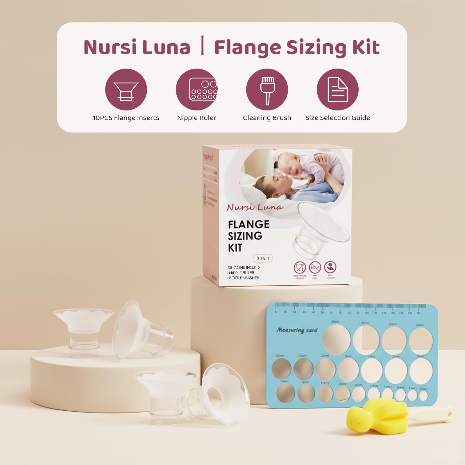 Close up view of Nursi Luna silicone flange inserts in various sizes