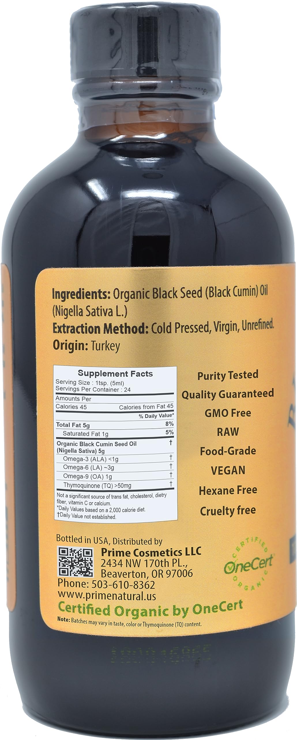 Prime Natural cold pressed unrefined black cumin seed oil liquid bottle with included dropper cap.