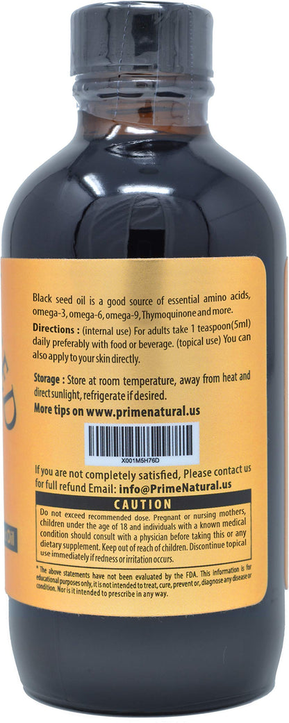 Back label of Prime Natural 120ml black seed oil showing supplement facts and thymoquinone percentage.