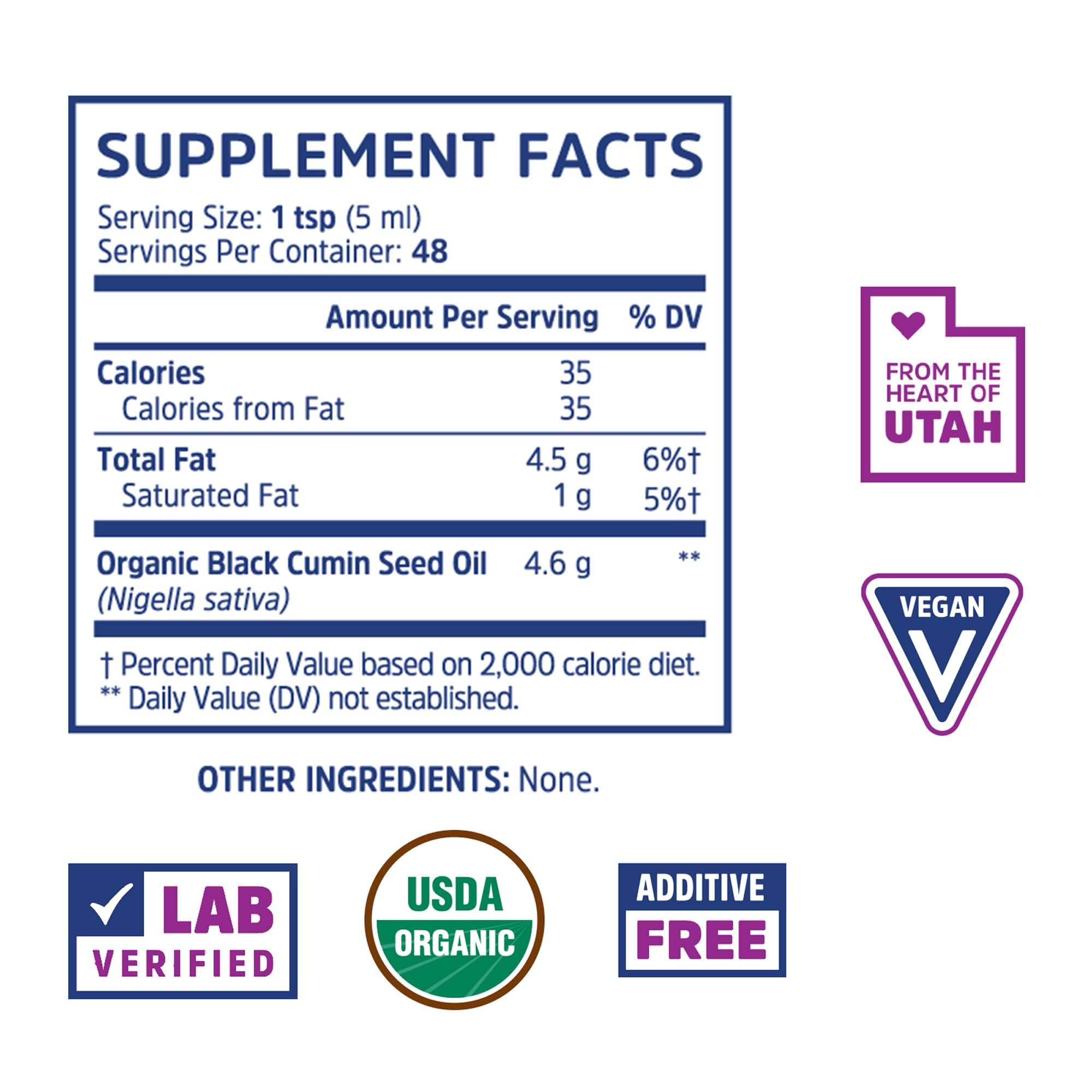 Side angle of Zhou cold pressed black cumin seed liquid supplement highlighting omega fatty acid benefits.