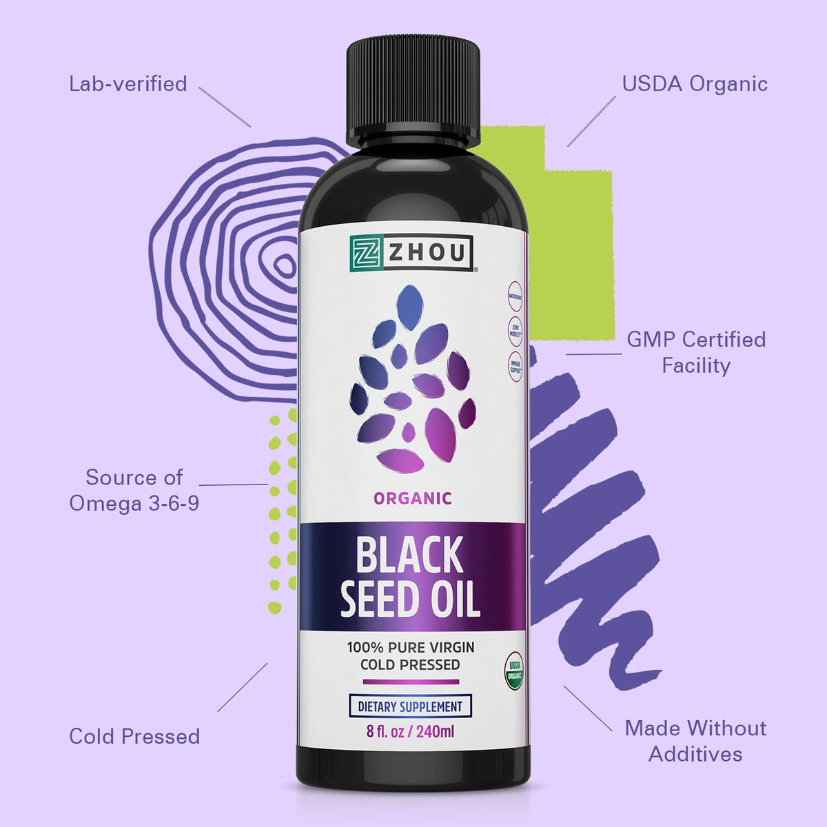 Zhou Nutrition 8 fluid ounce black seed oil bottle back panel ingredients