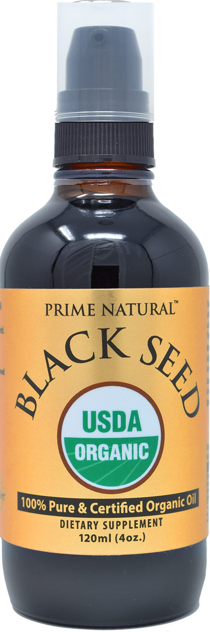 Side profile of Prime Natural 4oz liquid supplement bottle illustrating omega 3 6 9 fatty acid benefits.