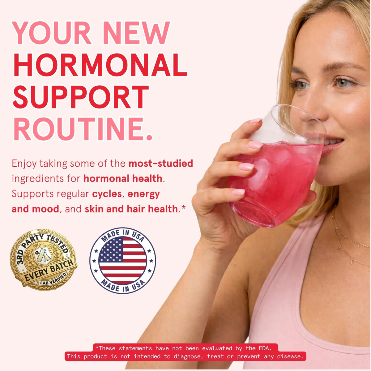 Peach Perfect hormonal balance powder scoop presentation displaying the pink lemonade formula.