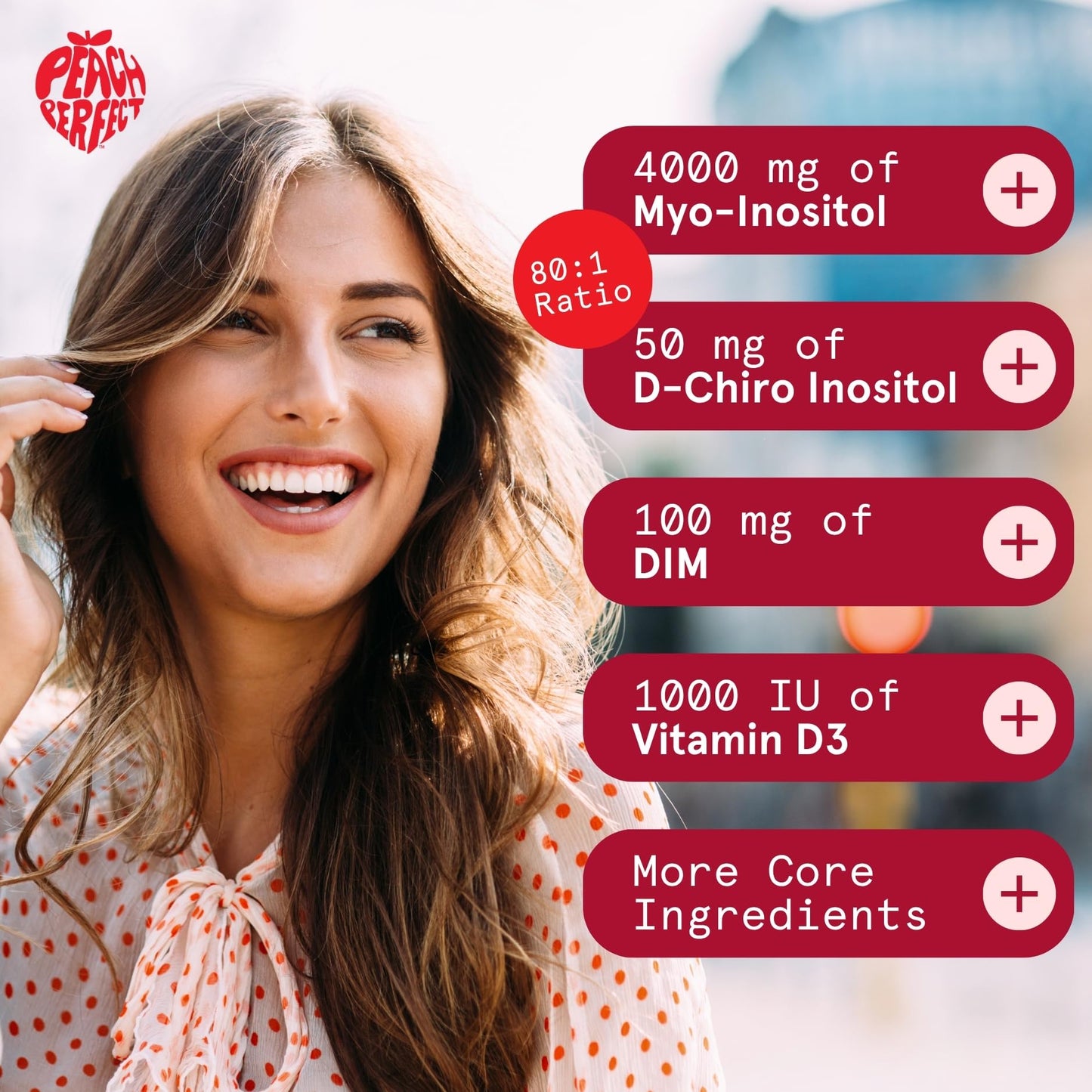 Side view of Peach Perfect 40:1 Myo-Inositol blend showing ingredients list and serving size.