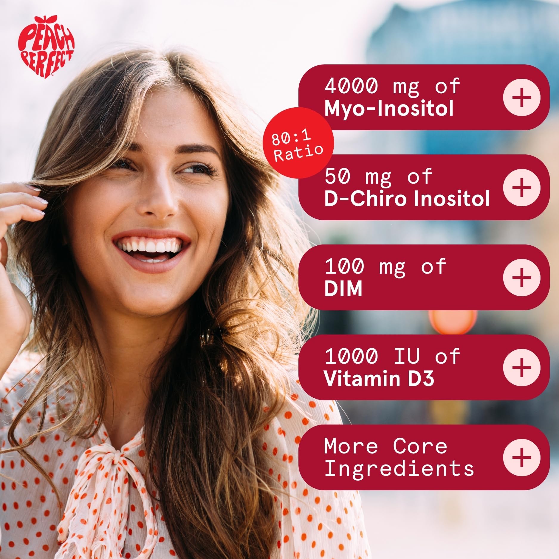 Side view of Peach Perfect 40:1 Myo-Inositol blend showing ingredients list and serving size.