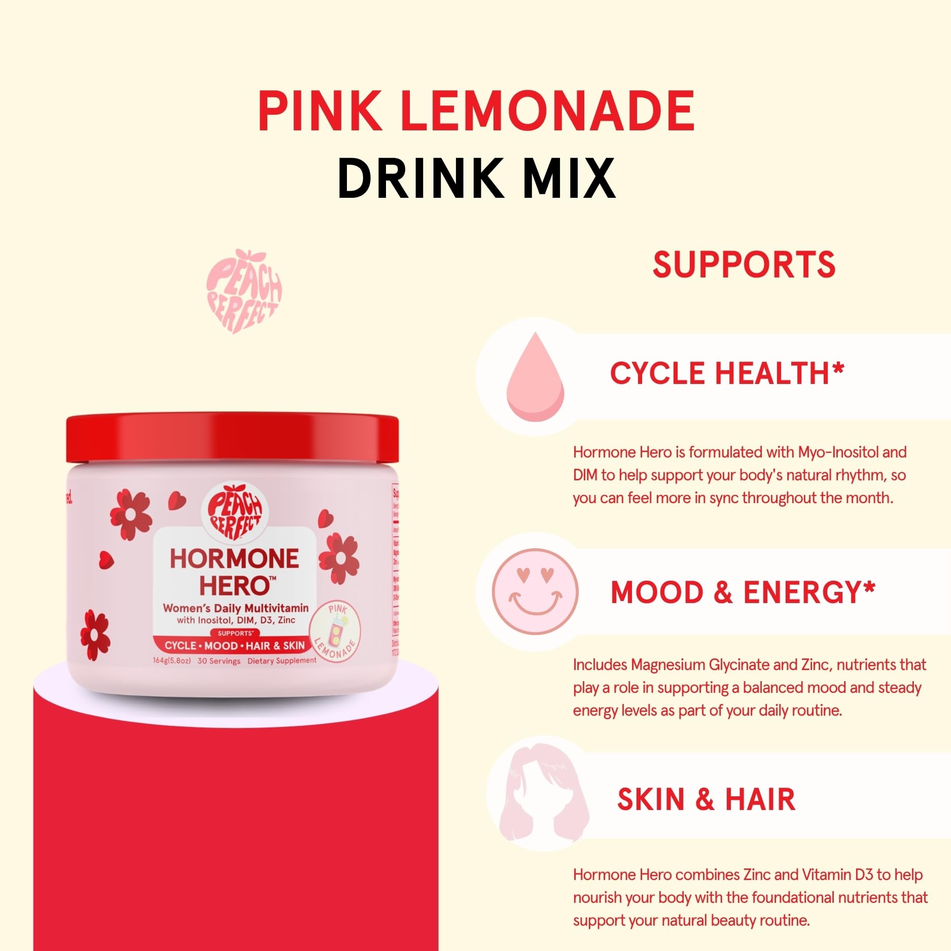 Peach Perfect Pink Lemonade multivitamin container sitting on a clean wellness display counter.