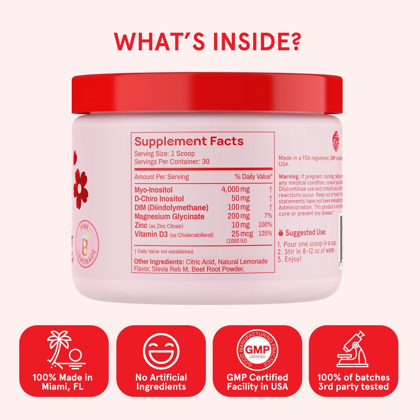Close-up of Peach Perfect Inositol powder texture highlighting the fine vegan supplement mix.