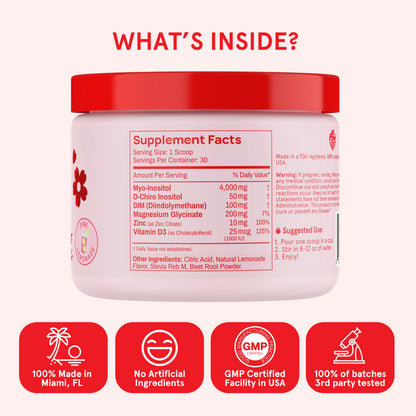 Close-up of Peach Perfect Inositol powder texture highlighting the fine vegan supplement mix.