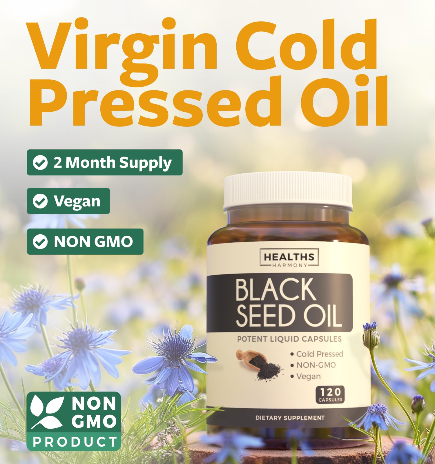 Healths Harmony cold pressed Nigella Sativa liquid capsules supplement facts label
