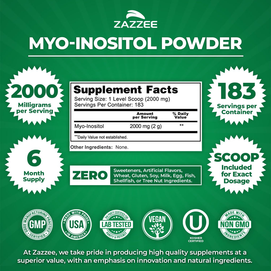 Zazzee Myo Inositol 6 month supply tub label