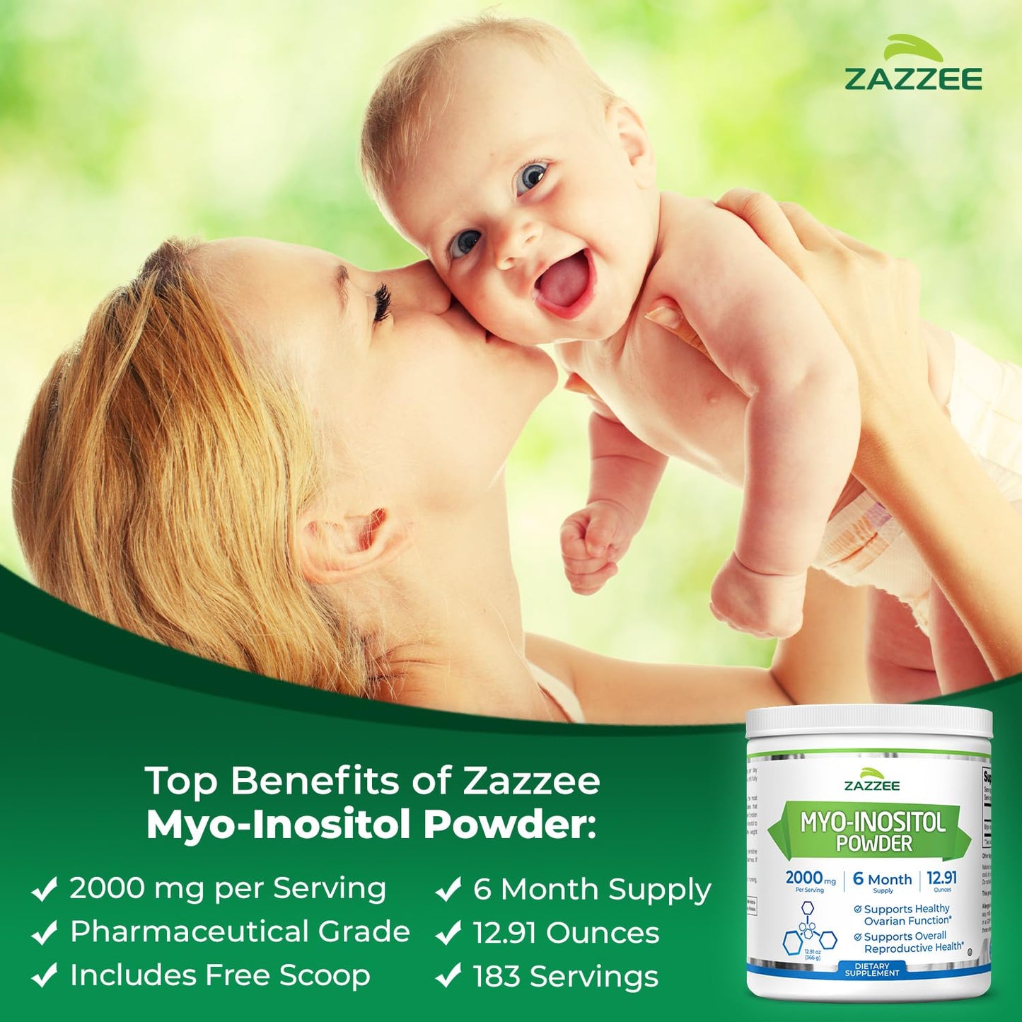 Zazzee Myo Inositol powder texture and scoop