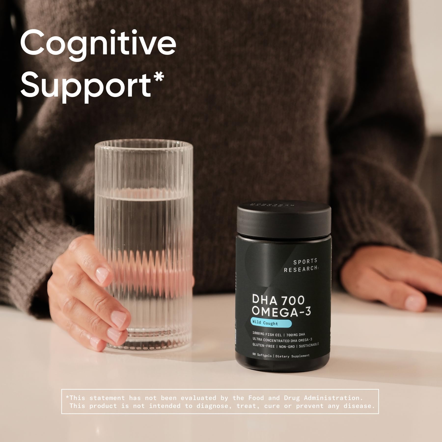 Side view of Sports Research DHA Omega-3 90 softgels bottle